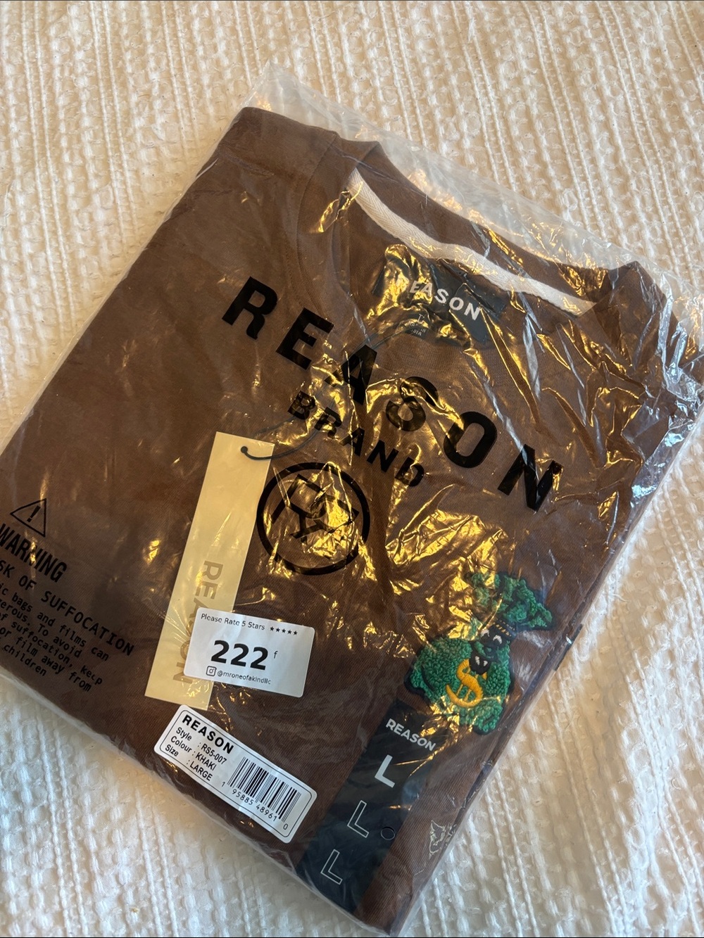 Reason Brown Crew Neck Tee with Green Embroidered Accent